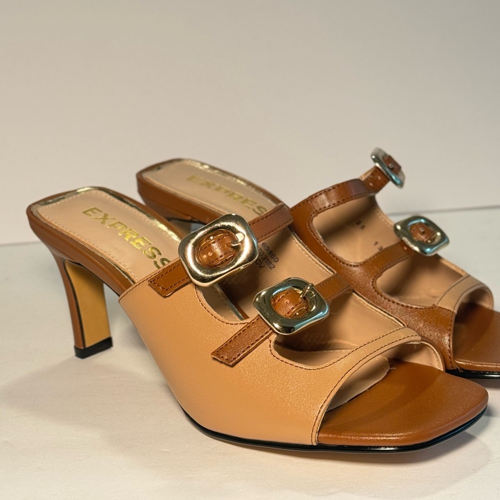 Express Women's Tan Double-Buckle Mid Heel Slide Heels